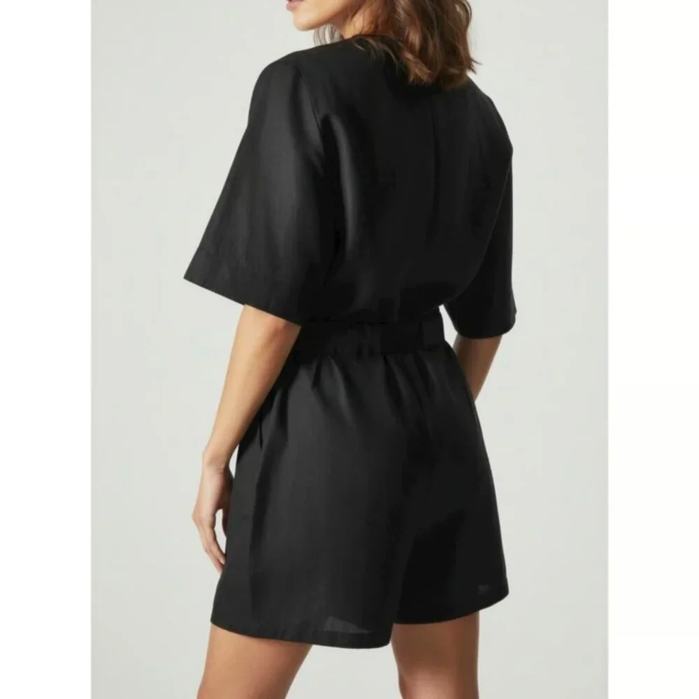 NWT COS Black Linen Blend Belted V-neck Romper Minimalist Summer Women's 6
